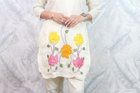 Cream Floral Embroidered Cord Set