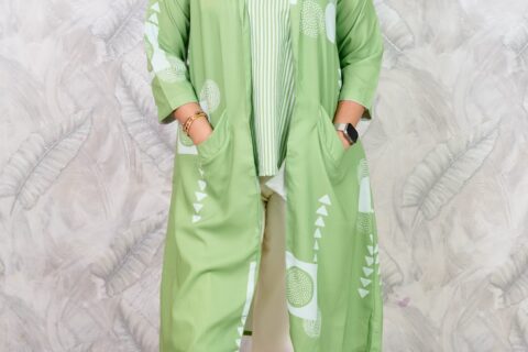Women’s Green Layered Co-Ord Set | Striped Top, Long Overlay & Jogger Pants