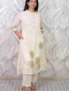 Women’s Cream Floral Printed Kurta Pant Set | Striped Kurta & Pants