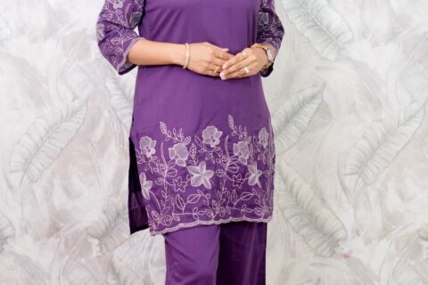 Purple Floral Embroidered Kurta Set for Women