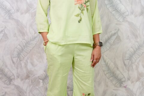 Light Green Floral Embroidered Co-Ord Set for Women