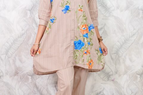 Women’s Peach Floral Embroidered Co-Ord Set | Stylish Top & Bottom Set