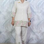 Floral Embroidered Cotton Linen Co-Ord Set | Shirt Style Top & Straight Pant | Casual, Office & Daily Wear