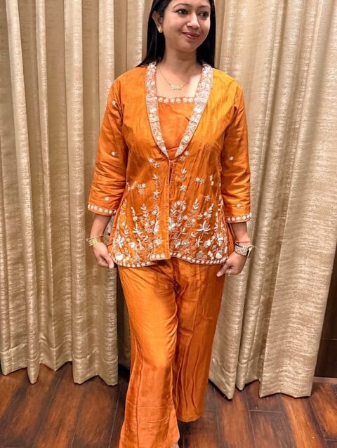 ORANGE SILK CO-ORD SET WITH SHRUGH