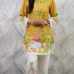 GOLDEN FLORAL HAND PRINT KURTA SET